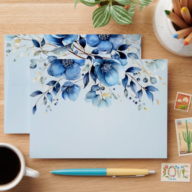 Enveloppe Mariage de fleurs bleu aquarelle (Desk)