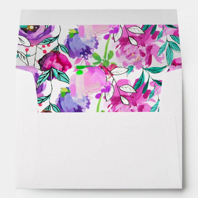 Enveloppe Mariage de fleurs d'aquarelle rose, violet et ment (Dos (Bas))