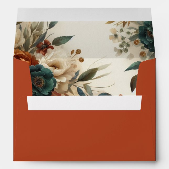 Enveloppe Mariage de fleurs d'automne orange et bleu brûlés (Dos (Bas))