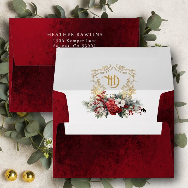 Enveloppe Mariage de monogramme de crête florale de Noël cla (Créateur téléchargé)