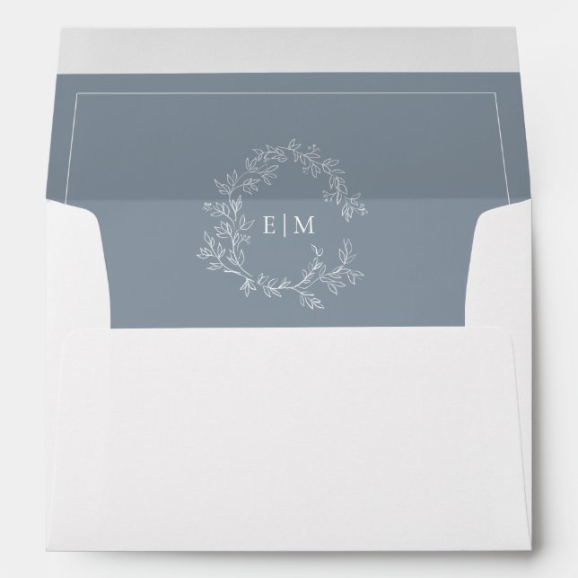 Enveloppe Mariage de monogramme moderne Dusty Blue Leafy Cre (Dos (Bas))