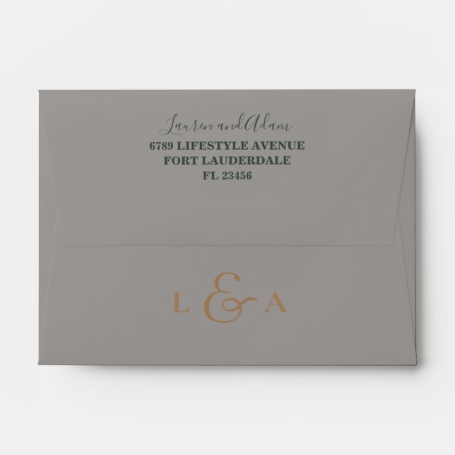 Enveloppe Mariage de monogramme moderne noir, gris et or (Dos (Haut rabat))