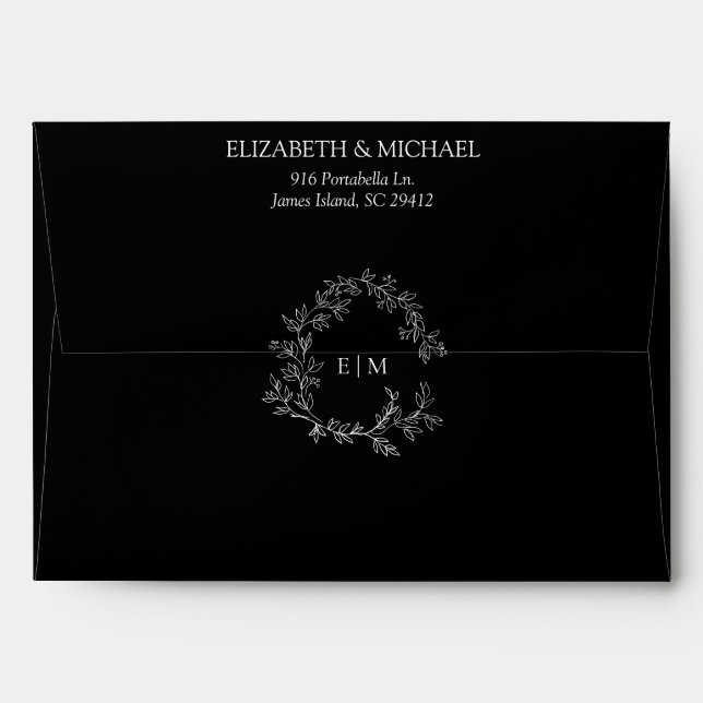 Enveloppe Mariage de monogramme noir blanc vert poitrine (Dos (Haut rabat))