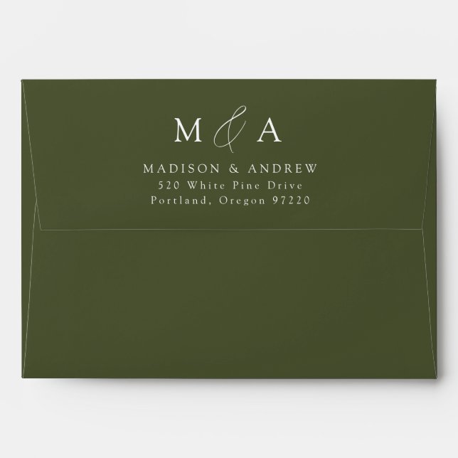 Enveloppe Mariage de Monogramme vert olive élégant moderne (Dos (Haut rabat))
