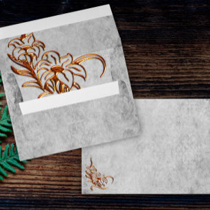 Enveloppe Mariage de parchemin gris de fleurs dorées