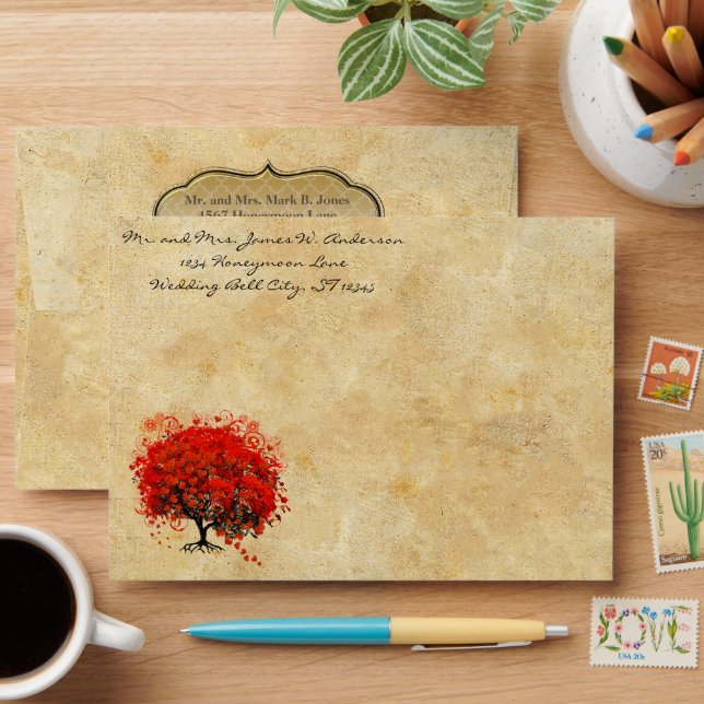 Enveloppe Mariage de parchemin Renaissance Feuille coeur rou (Desk)