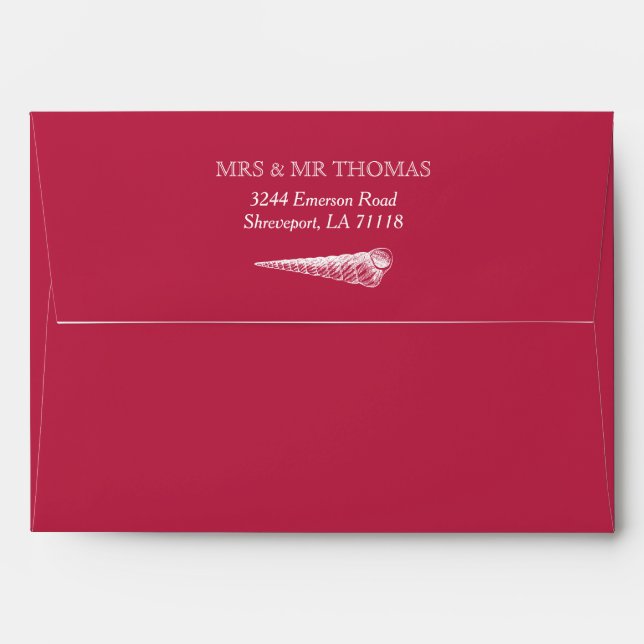 Enveloppe Mariage de plage coquilles blanches Viva Magenta (Dos (Haut rabat))