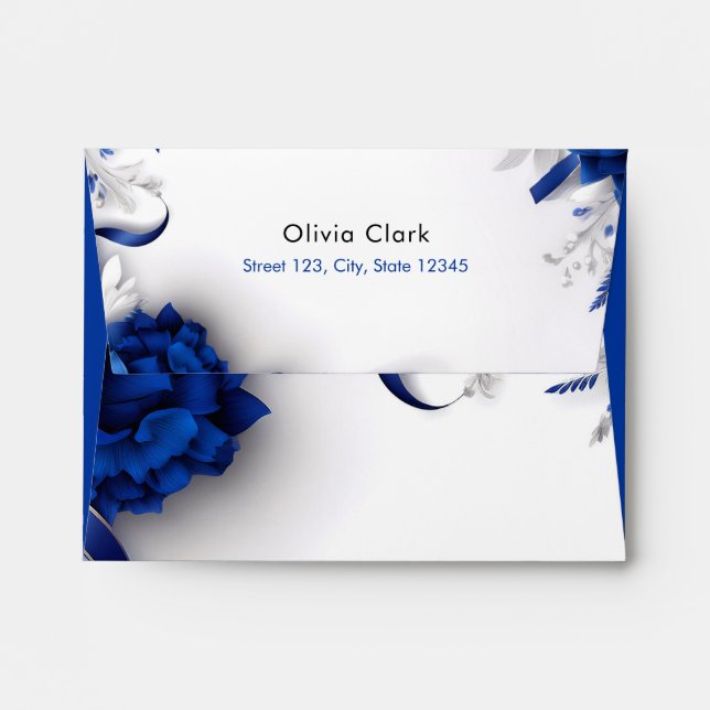 Enveloppe Mariage de rubans bleu et argent de la marine chic (Dos (Haut rabat))