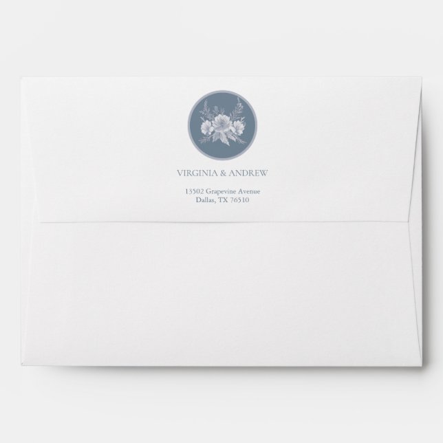 Enveloppe Mariage de style victorien en bleu avec fleurs bla (Dos (Haut rabat))