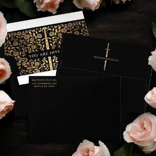 Enveloppe Mariage d'épée d'or médiévale noire