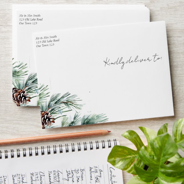 Enveloppe Mariage d'hiver aquarelle neige pins assortis (Stacked)