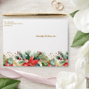 Enveloppe Mariage d'hiver poinsettia rouge et or