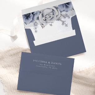 Enveloppe Mariage Élégant Bleu Dusty Et Floral Navy