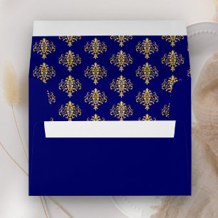 Enveloppe Mariage élégant bleu roi or damassé