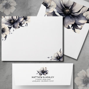 Enveloppe Mariage Élégant Moderne Bohème Noir Blanc Floral