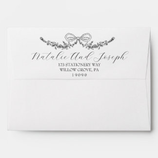 Enveloppe Mariage Élégant Noir Et Blanc Botanique À Ruban