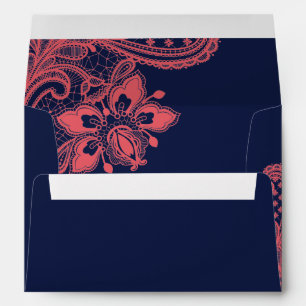 Enveloppe Mariage élégante Navy & Coral Lace