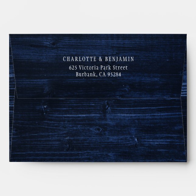 Enveloppe Mariage en bois rustique bleu marine (Dos (Haut rabat))