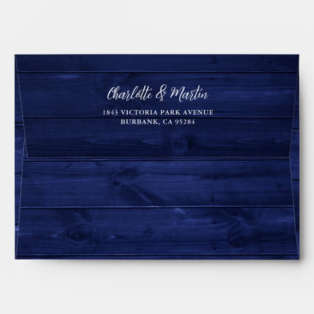 Enveloppe Mariage en Bois Rustique Bleu Marine (Dos (Haut rabat))