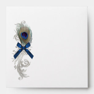Enveloppe Mariage en plumes bleu Damas et paon