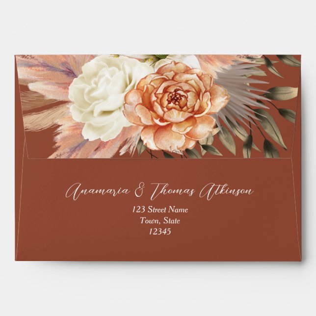 Enveloppe Mariage en terre cuite fleurie rustique (Dos (Haut rabat))