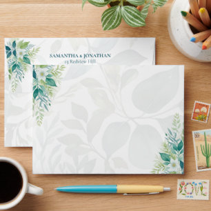 Enveloppe Mariage Feuillage d'Eucalyptus Vert Sauge et Ivoir