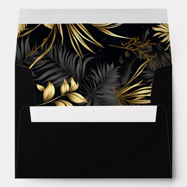 Enveloppe Mariage Feuille moderne Black Gold Tropical (Dos (Bas))