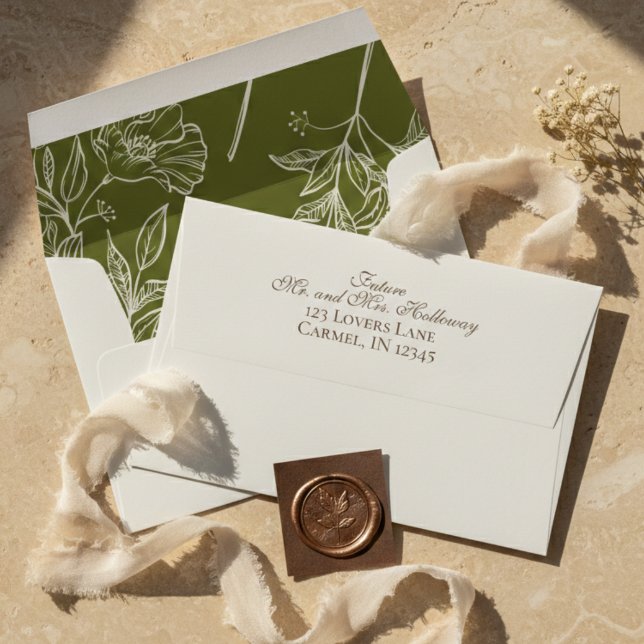 Enveloppe Mariage Fleur de Lin Vert Olive et Texte Neutre (Olive Green Floral Liner and Neutral Text Wedding Envelope)