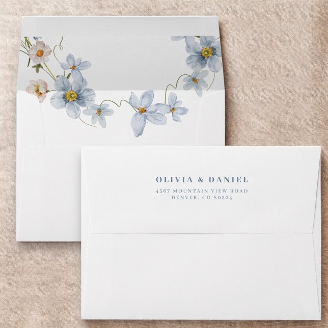Enveloppe Mariage Fleur sauvage bleu et rose pâle (Créateur téléchargé)