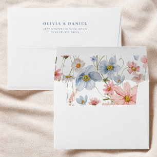Enveloppe Mariage Fleur sauvage bleu et rose pâle