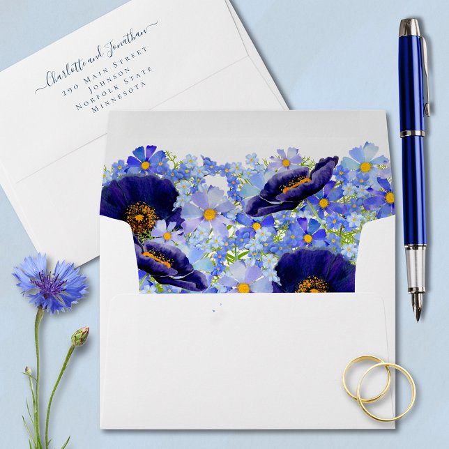 Enveloppe Mariage Fleur sauvage Boho Elegant (Elegant wildflower blue summer floral watercolor wedding return address envelope stylish typography )