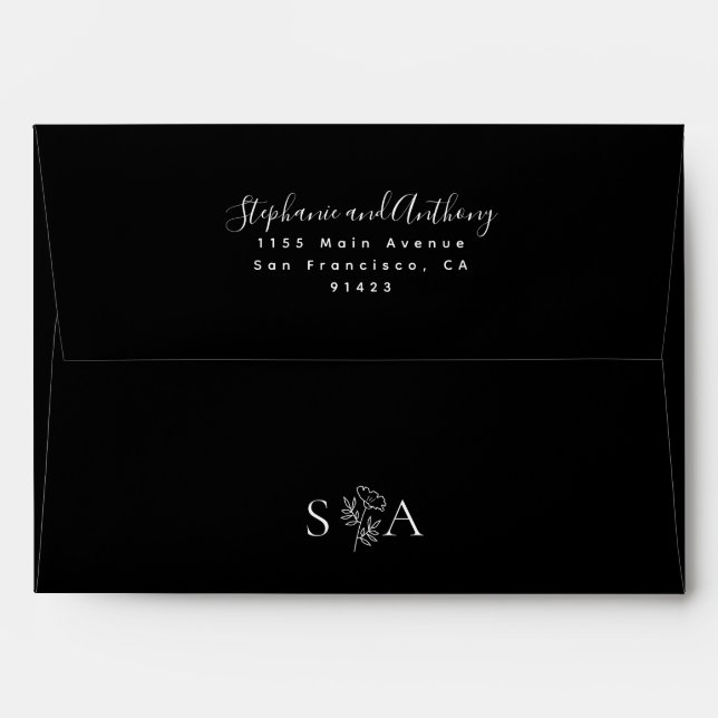 Enveloppe Mariage Fleur sauvage noir et blanc Monogramme (Dos (Haut rabat))