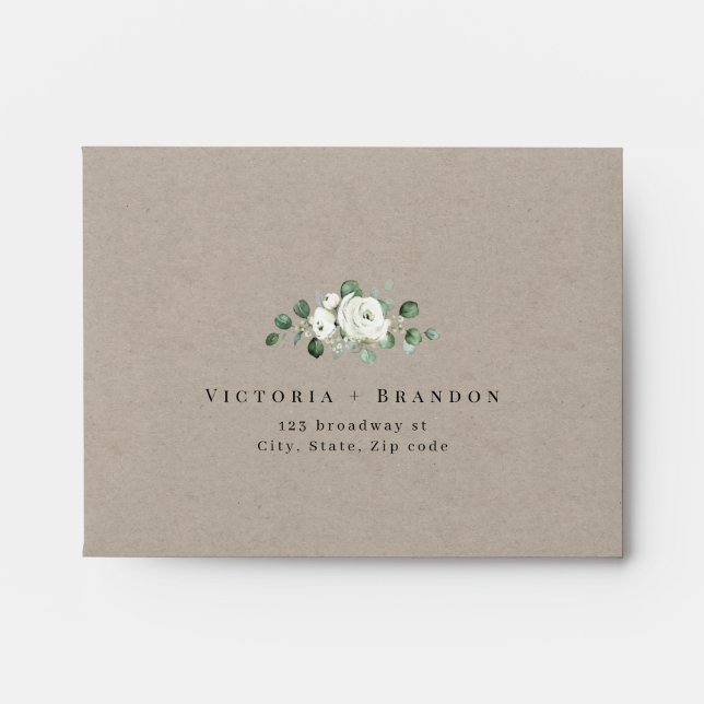 Enveloppe Mariage fleuri Kraft eucalyptus vert RSVP (Devant)