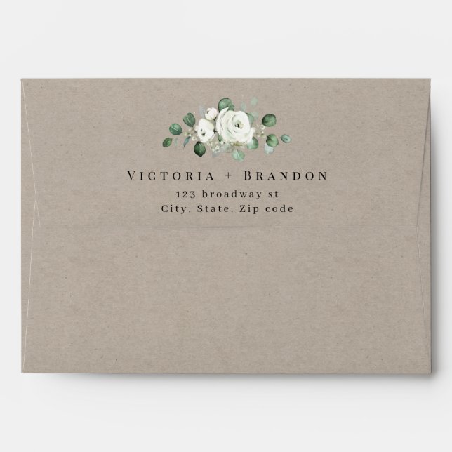 Enveloppe Mariage fleuri Kraft papier eucalyptus vert (Dos (Haut rabat))