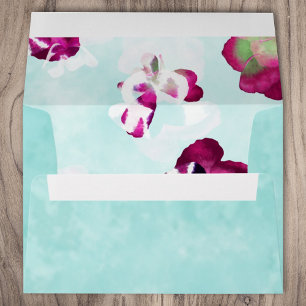 Enveloppe Mariage Fleurs de Pensées Turquoise Clair, Violet