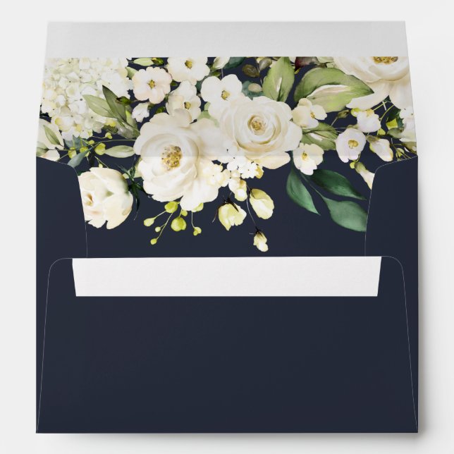 Enveloppe Mariage floral blanc blanc bleu marine géométrique (Dos (Bas))