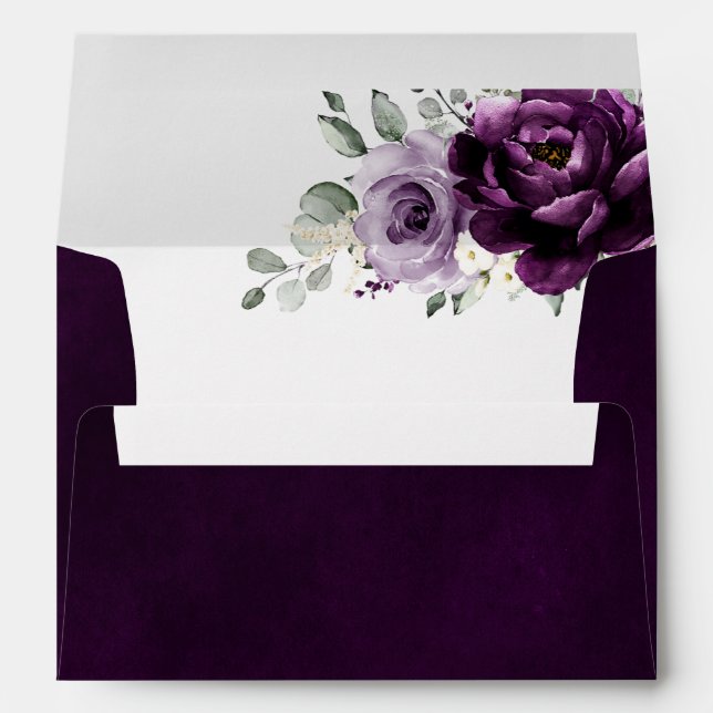 Enveloppe Mariage floral blanc blanc d'aubergine de prune vi (Dos (Bas))