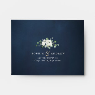 Enveloppe Mariage floral blanc bleu marine et or moderne RSV