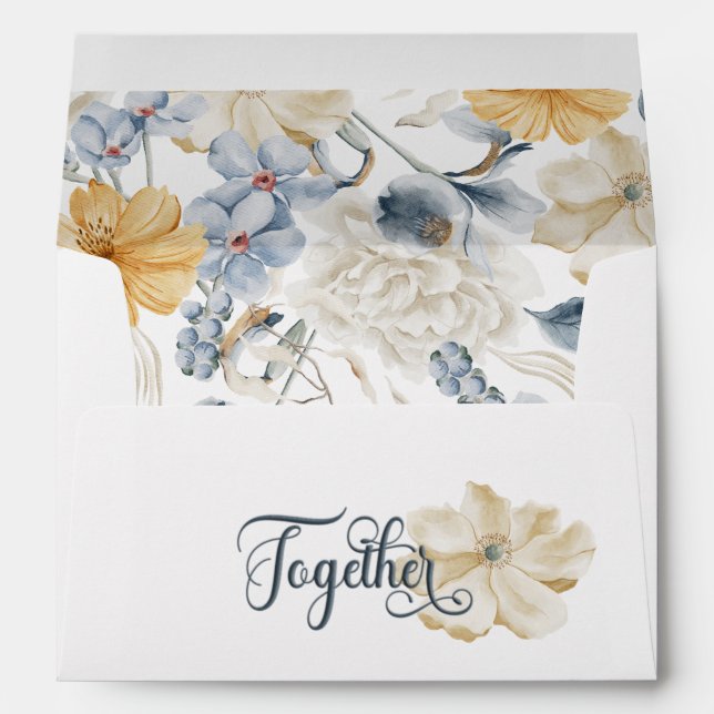 Enveloppe Mariage floral bleu jaune et blanc (Dos (Bas))