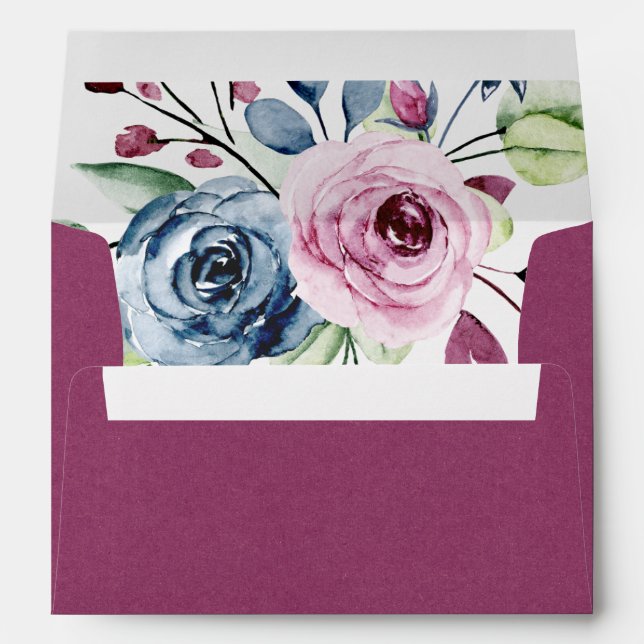 Enveloppe Mariage floral bleu marine Bourgogne (Dos (Bas))