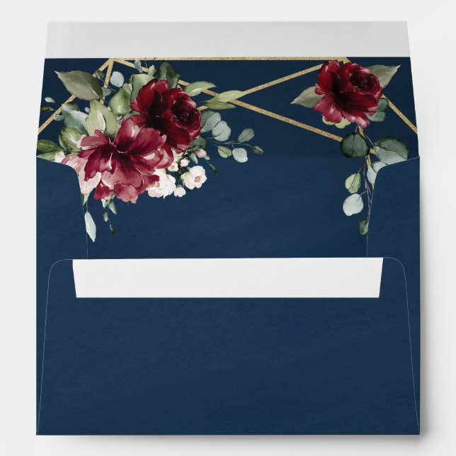 Enveloppe Mariage floral bleu marine Bourgogne bleu rose (Dos (Bas))