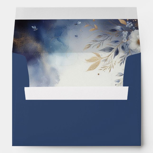Enveloppe Mariage floral bleu marine et or (Dos (Bas))
