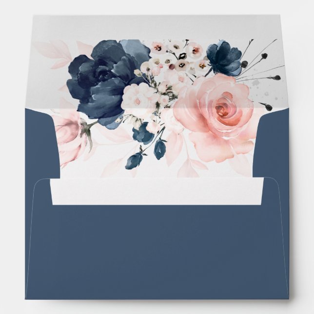 Enveloppe Mariage floral bleu marine et rose pâle (Dos (Bas))