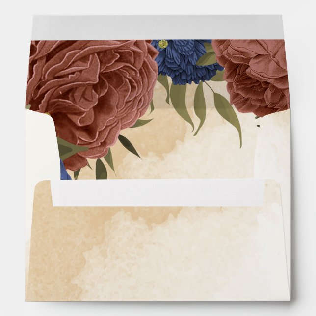 Enveloppe mariage floral bleu marine terracotta (Dos (Bas))