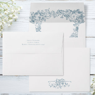 Enveloppe Mariage Floral Bleu Poussiéreux Romantique en Dess