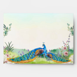 Enveloppe Mariage Floral Botanique au Paon Bleu Élégant