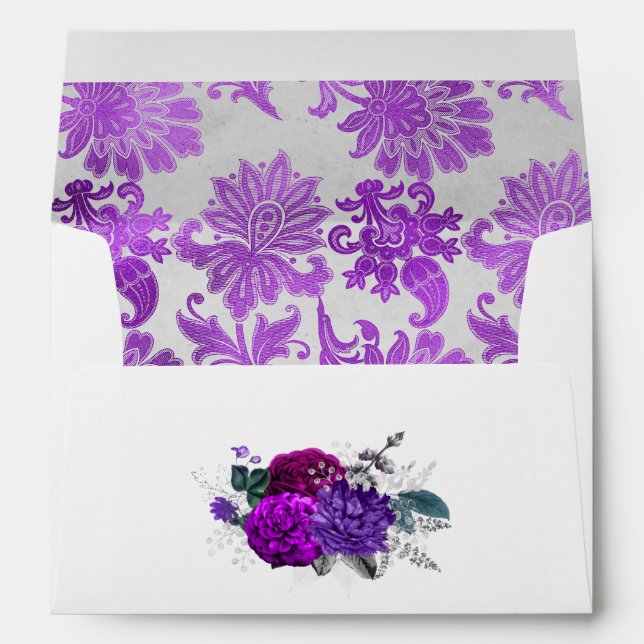 Enveloppe Mariage Floral de Pourpre Royale et d'Argent (Dos (Bas))
