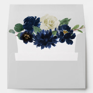 Enveloppe Mariage floral d'ivoire élégant bleu marine et arg