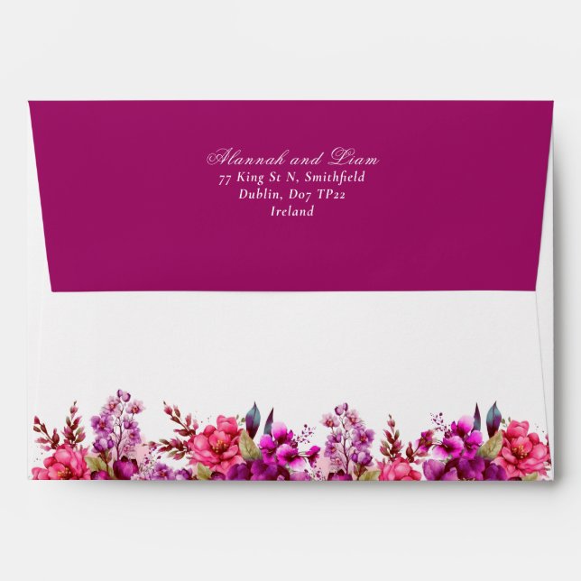 Enveloppe Mariage floral fuchsia rose magenta (Dos (Haut rabat))