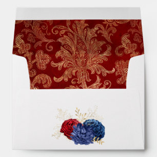 Enveloppe Mariage floral marine, rouge et or
